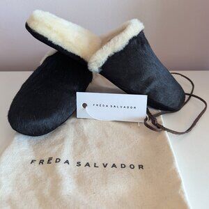 NWT Freda Salvador Black Calf Hair Shearling Lined James Slipper Size S US 6-7